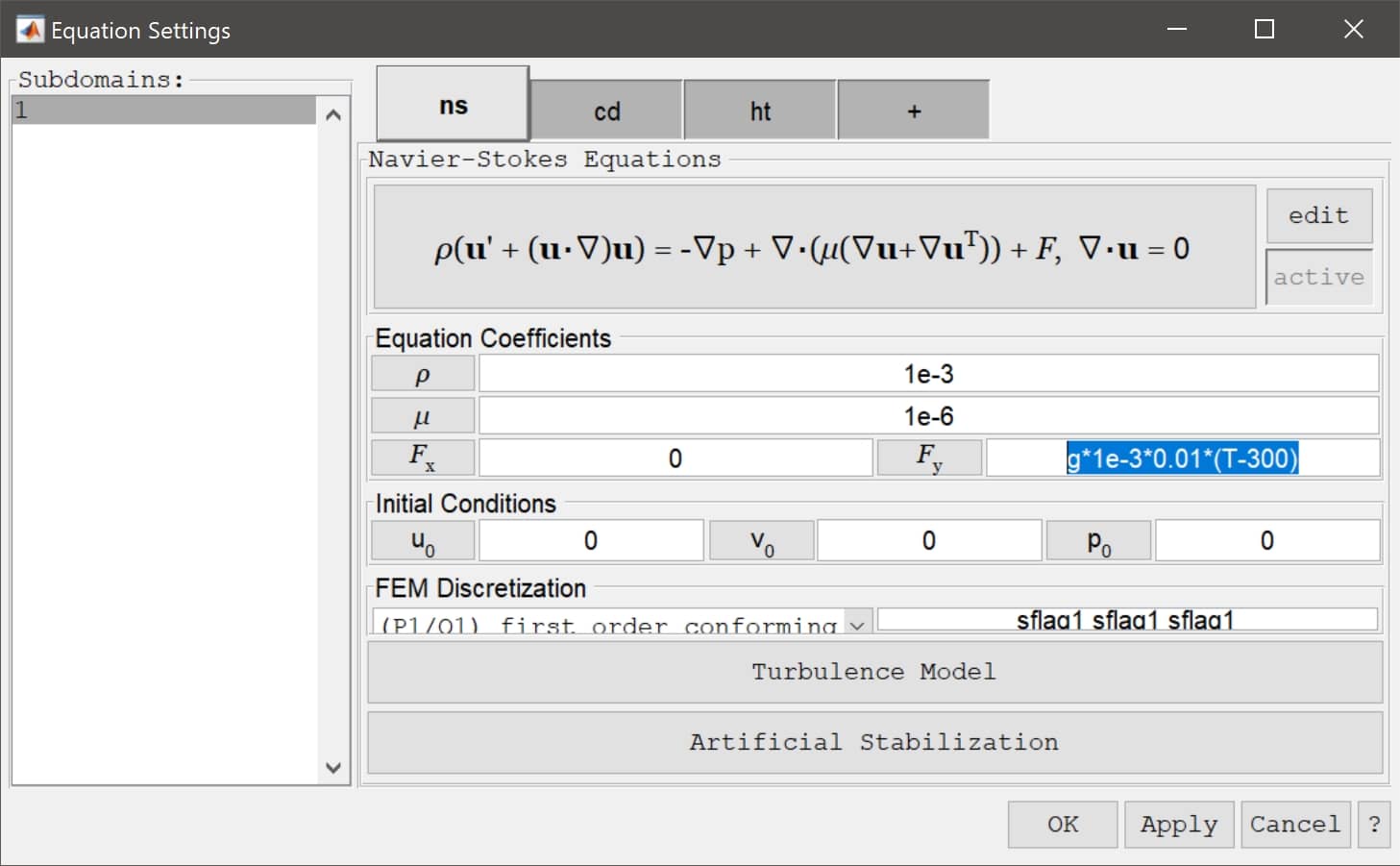 Multiphysics coupling of temperature in the Navier-Stokes equations fluid flow physics mode