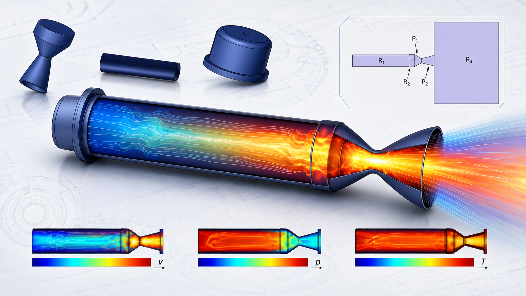 CFD velocity, pressure, and temperature fields for the R-Candy combustion chamber and convergent-divergent nozzle simulated with FEATool Multiphysics